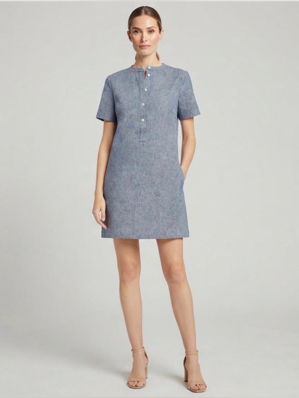 Theory Trapeze Linen Denim Blue Short Sleeve Shift Mini Dress Size Medium